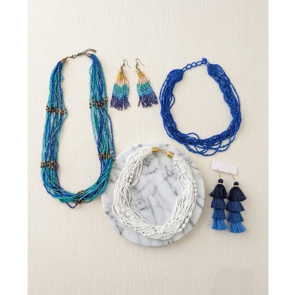 Blue White Seed Bead Multi Strand Necklace and Earring Lot Coastal Boho Chic